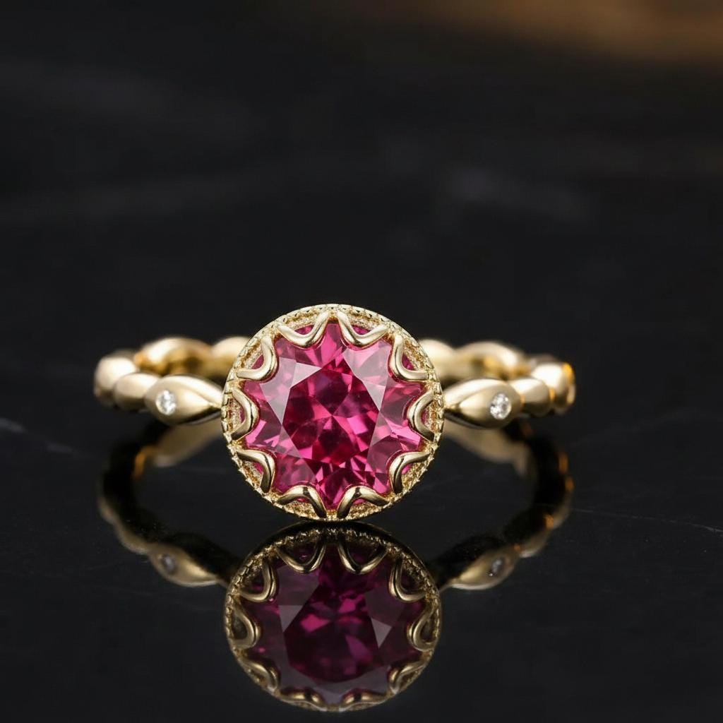 1ct - 2ct Ruby Ring, Vintage Round Cut Ruby Ring, Antique Wedding Women's Ring, Art Deco Engagement Ring, July Birthstone Ring