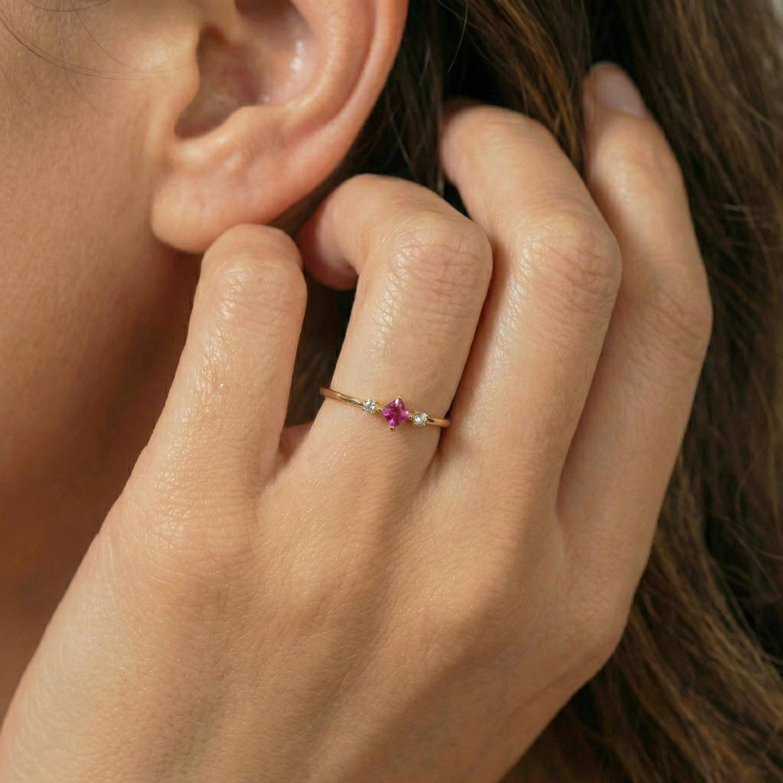 Pink Tourmaline Three Stone Ring, October Birthstone Promise Ring, Dainty Minimalist Pink Gemstone Jewelry, Birthday Gift for Her
