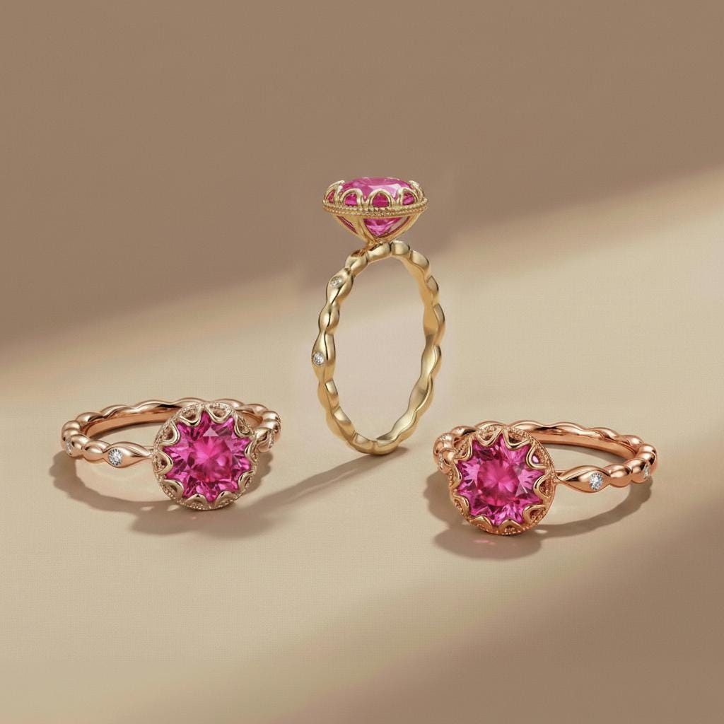 Pink Tourmaline Ring, Vintage Round Cut Pink Tourmaline Ring, Antique Wedding Women's Ring, Art Deco Engagement Ring, October Birthstone