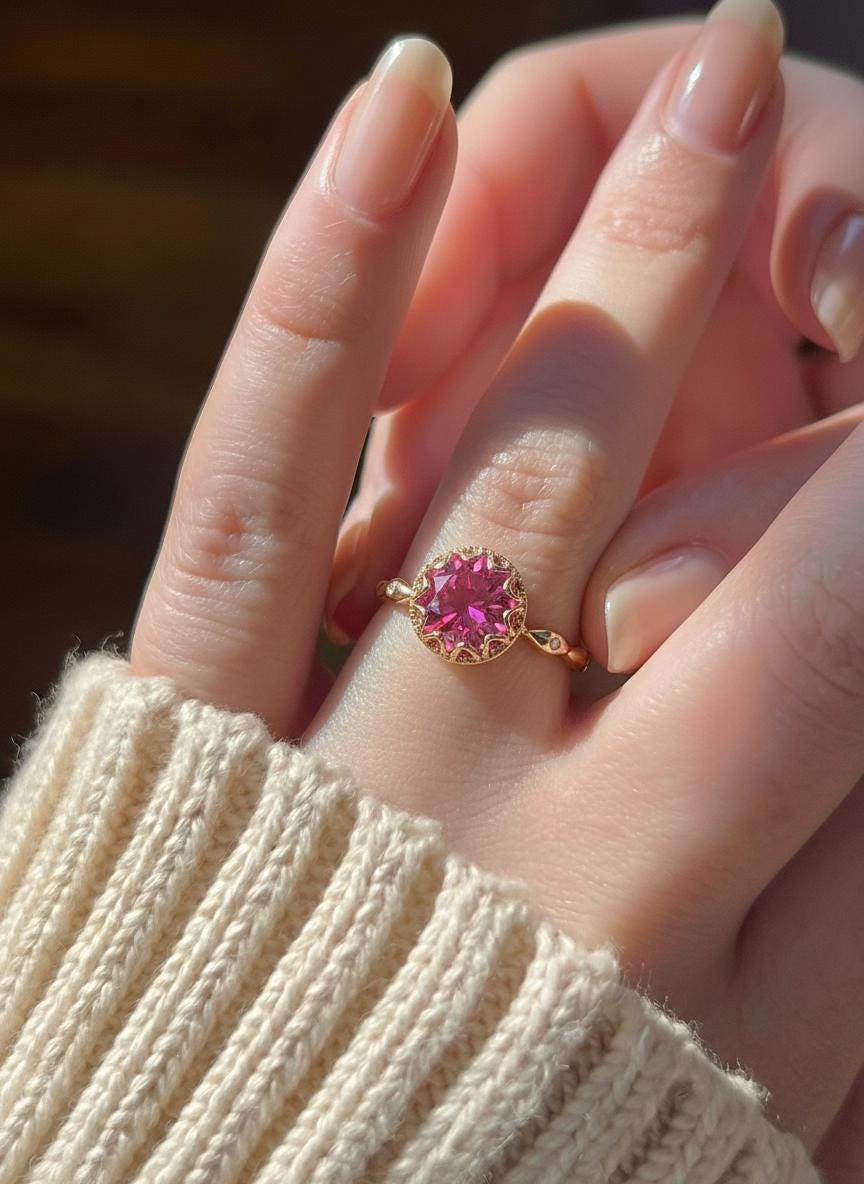 Pink Tourmaline Ring, Vintage Round Cut Pink Tourmaline Ring, Antique Wedding Women's Ring, Art Deco Engagement Ring, October Birthstone