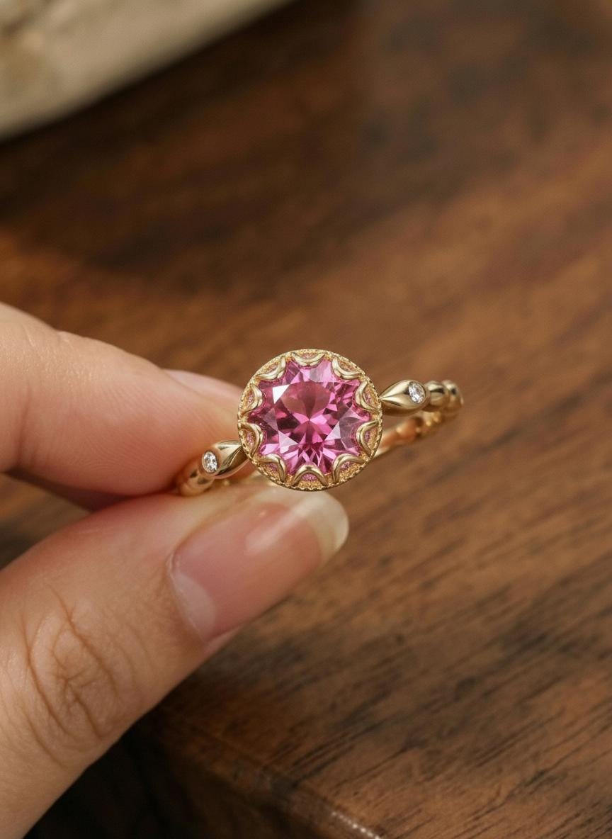 Pink Tourmaline Ring, Vintage Round Cut Pink Tourmaline Ring, Antique Wedding Women's Ring, Art Deco Engagement Ring, October Birthstone