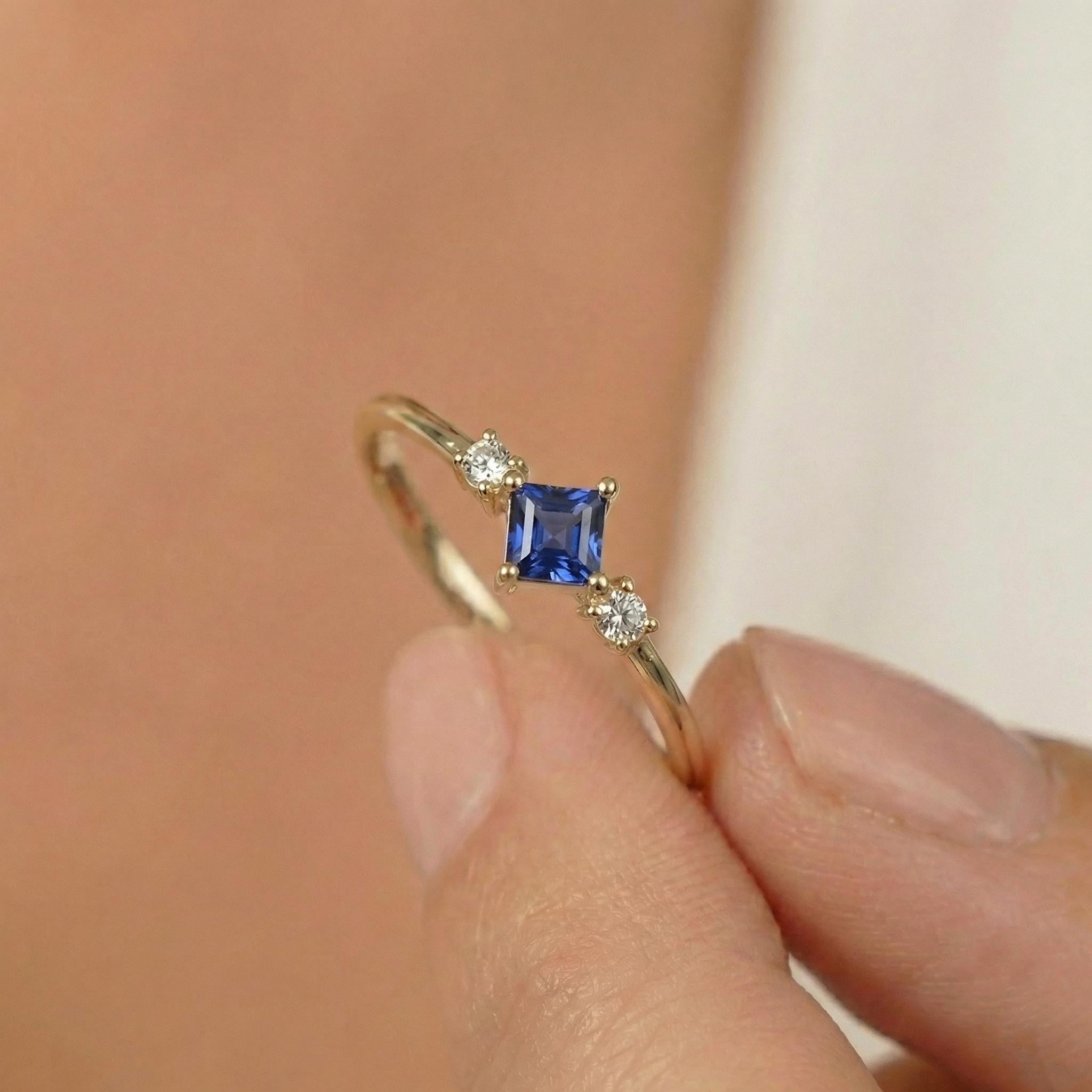 Sapphire Ring September Birthday Gift Royal Blue Dainty Trilogy Promise Ring
