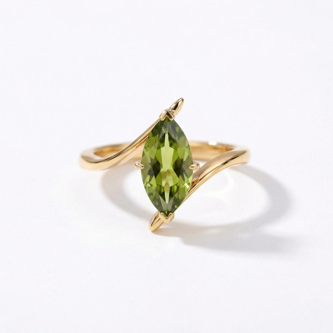 1.5ct Peridot Ring, Marquise Cut Emerald Solitaire, Curved Bypass Band, August Birthstone, 14K Gold Nature Inspired Ring
