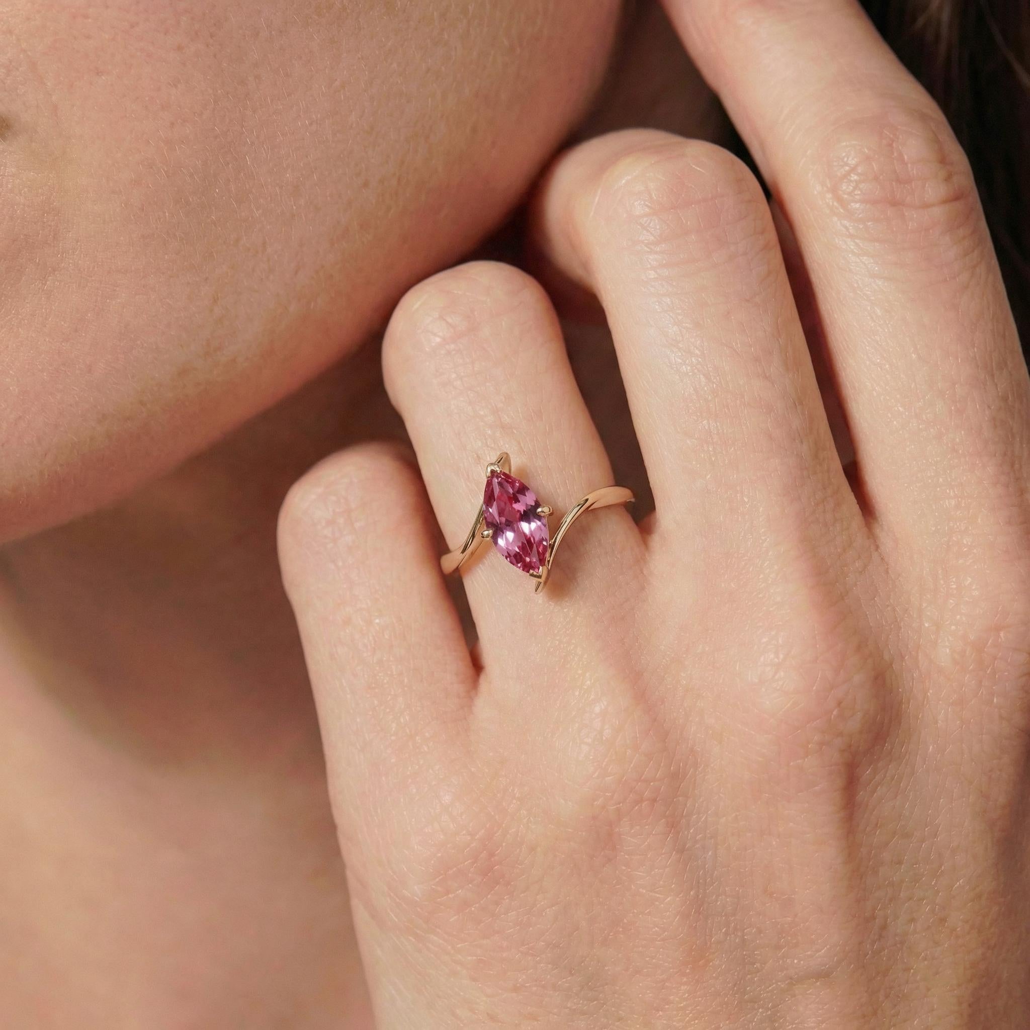 1.5ct Pink Tourmaline Ring, Marquise Cut Emerald Solitaire, Curved Bypass Band, October Birthstone, 14K Gold Nature Inspired Ring