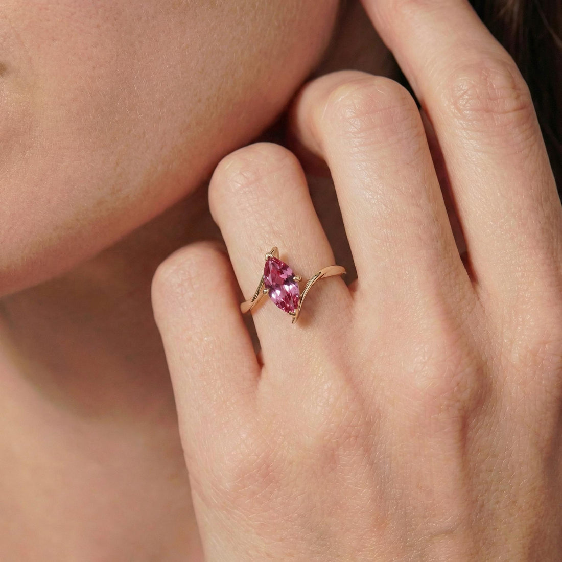 1.5ct Pink Tourmaline Ring, Marquise Cut Emerald Solitaire, Curved Bypass Band, October Birthstone, 14K Gold Nature Inspired Ring