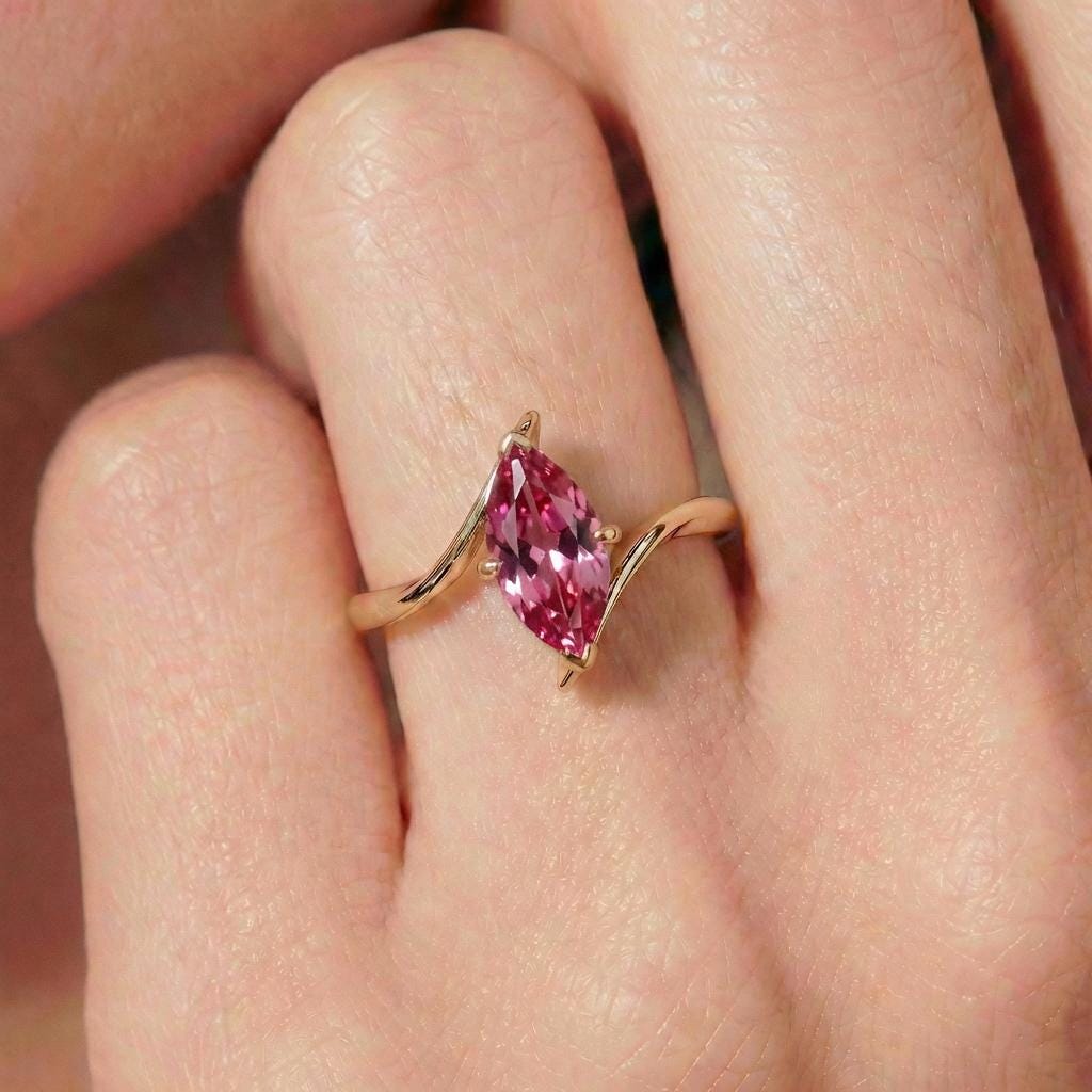 1.5ct Pink Tourmaline Ring, Marquise Cut Emerald Solitaire, Curved Bypass Band, October Birthstone, 14K Gold Nature Inspired Ring