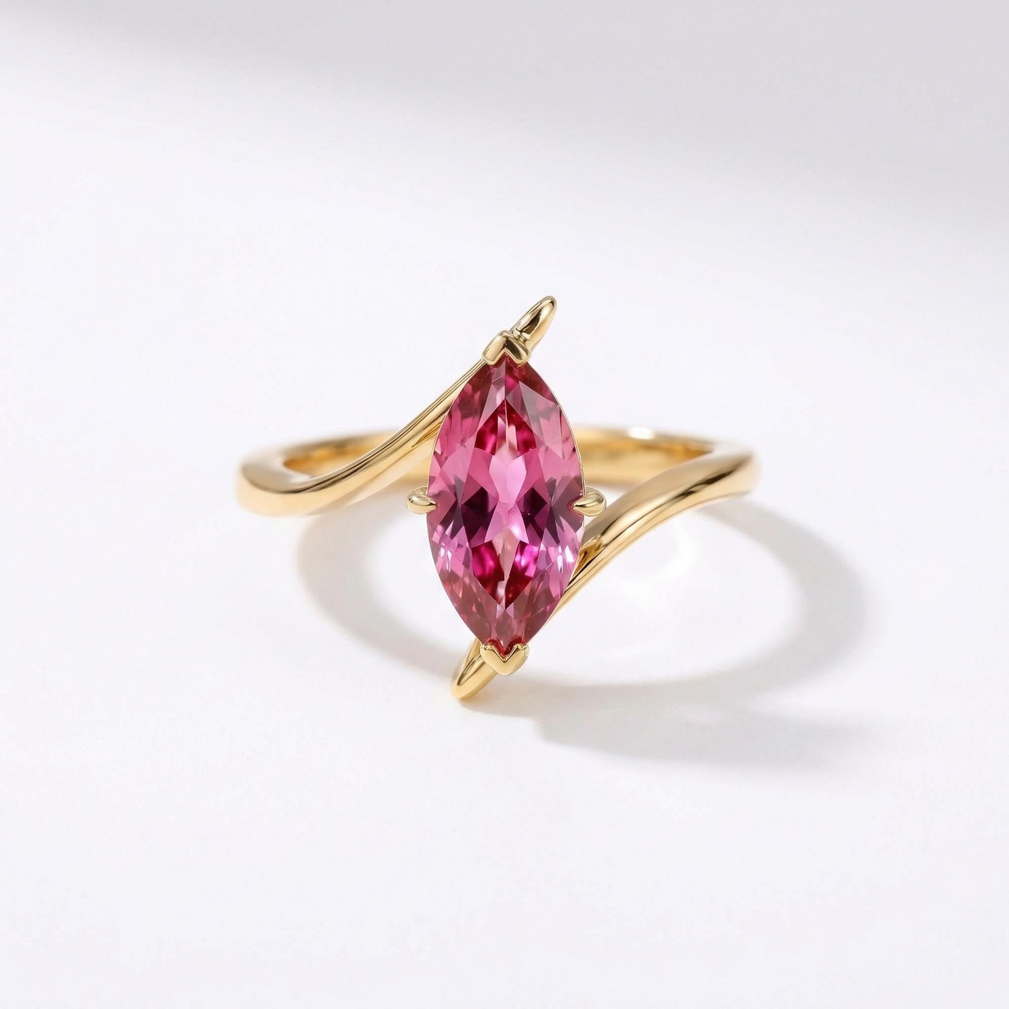 1.5ct Pink Tourmaline Ring, Marquise Cut Emerald Solitaire, Curved Bypass Band, October Birthstone, 14K Gold Nature Inspired Ring