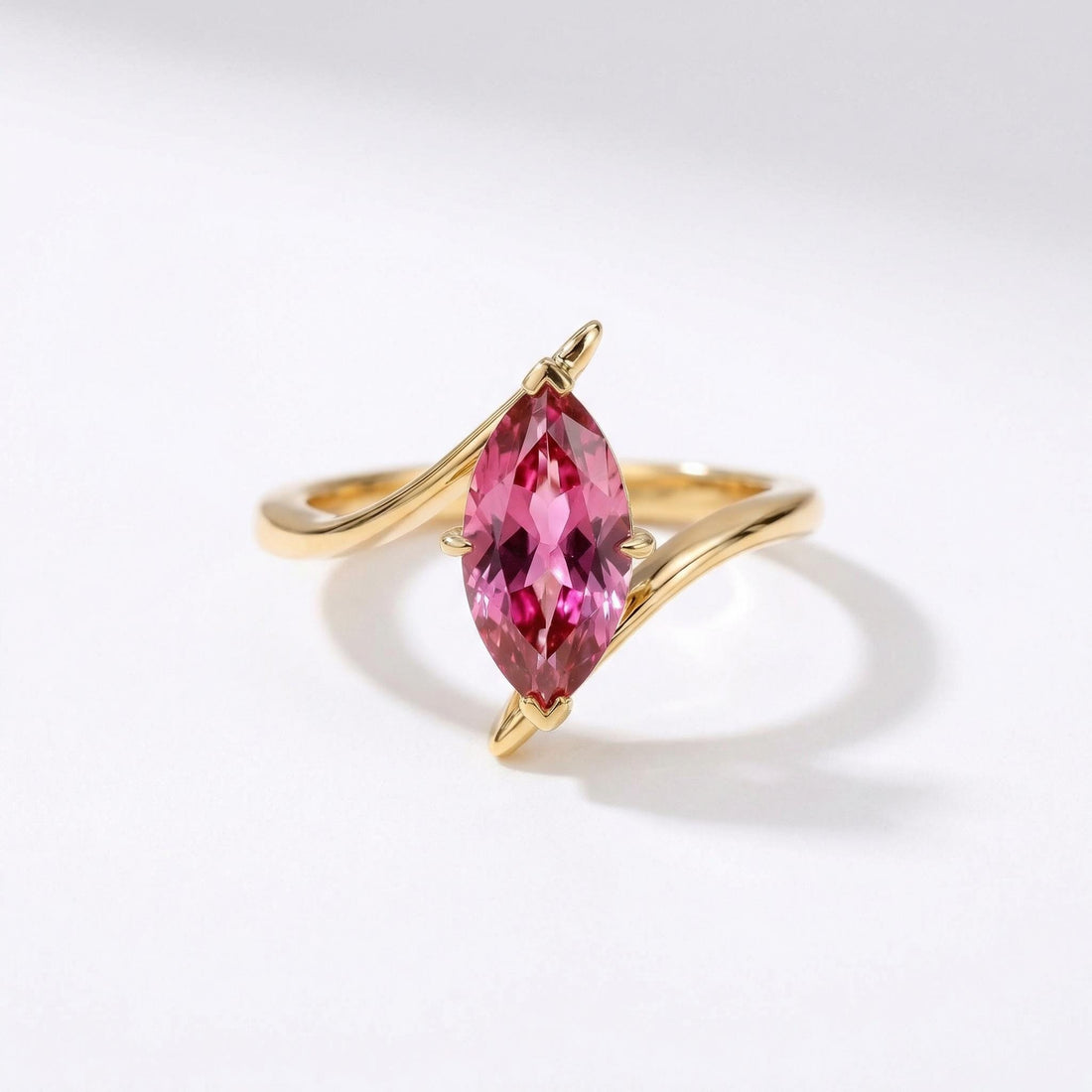 1.5ct Pink Tourmaline Ring, Marquise Cut Emerald Solitaire, Curved Bypass Band, October Birthstone, 14K Gold Nature Inspired Ring