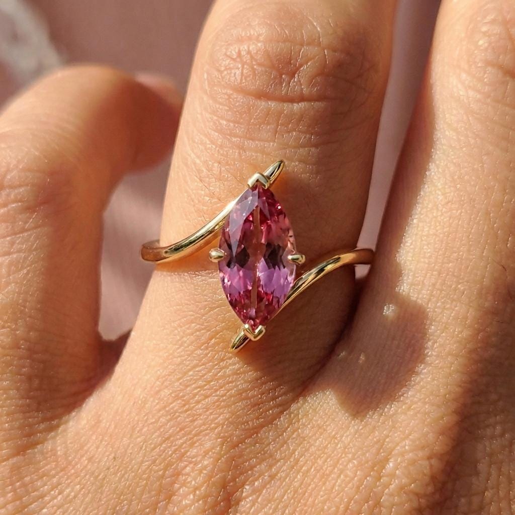 1.5ct Pink Tourmaline Ring, Marquise Cut Emerald Solitaire, Curved Bypass Band, October Birthstone, 14K Gold Nature Inspired Ring