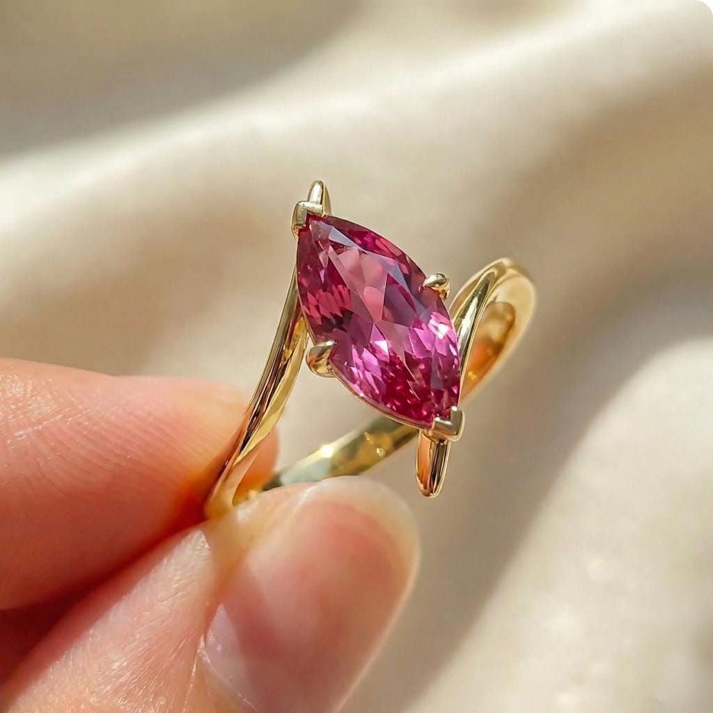 1.5ct Pink Tourmaline Ring, Marquise Cut Emerald Solitaire, Curved Bypass Band, October Birthstone, 14K Gold Nature Inspired Ring