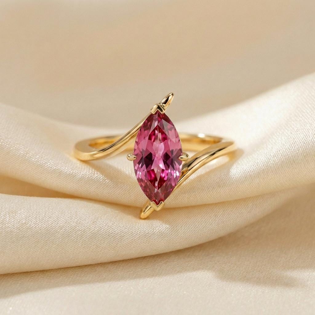 1.5ct Pink Tourmaline Ring, Marquise Cut Emerald Solitaire, Curved Bypass Band, October Birthstone, 14K Gold Nature Inspired Ring