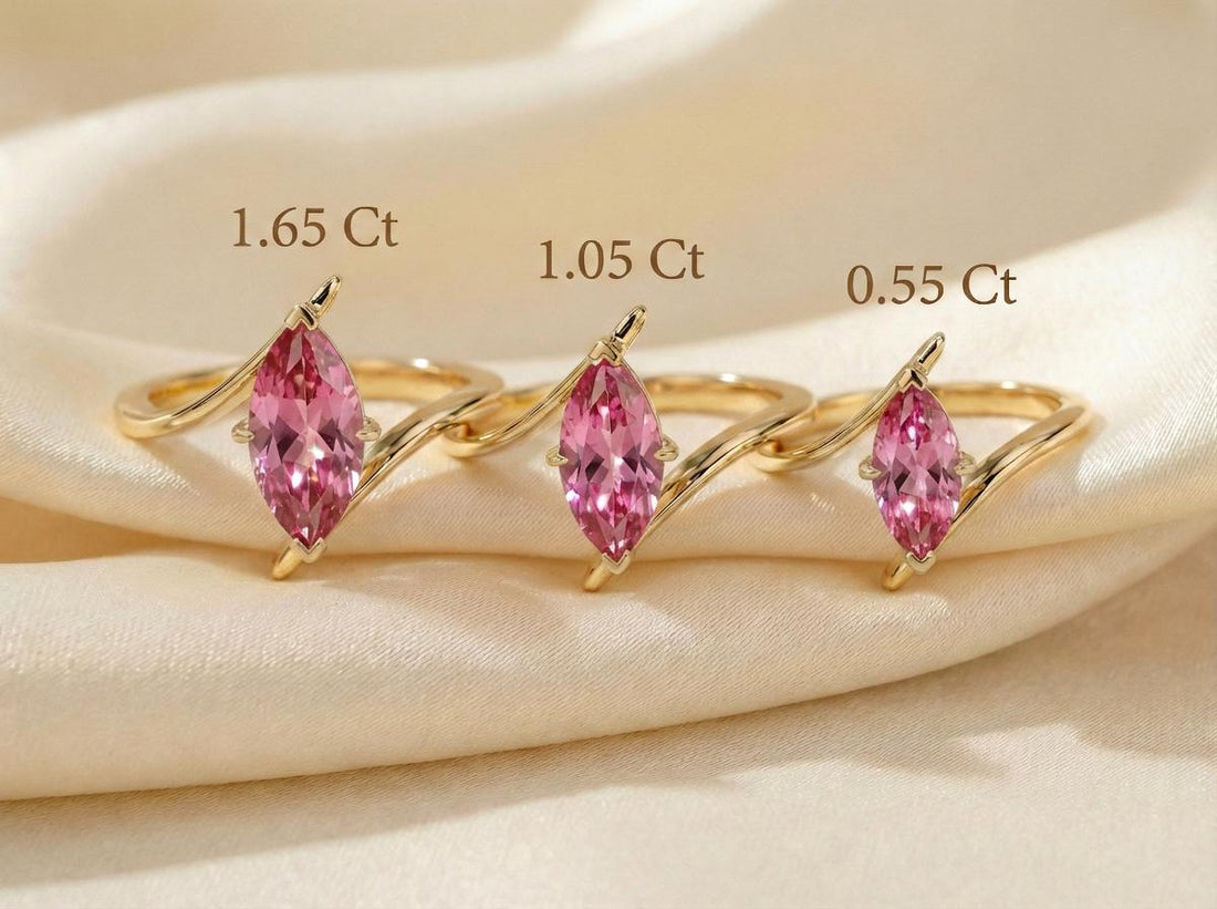 1.5ct Pink Tourmaline Ring, Marquise Cut Emerald Solitaire, Curved Bypass Band, October Birthstone, 14K Gold Nature Inspired Ring