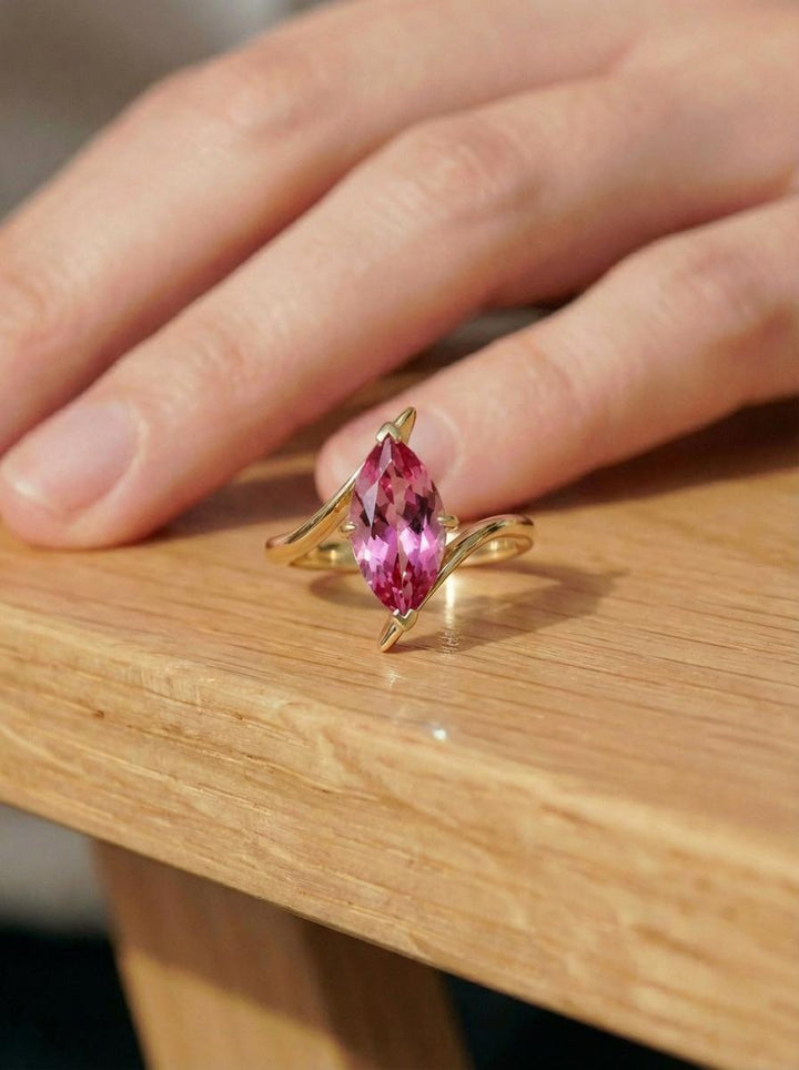 1.5ct Pink Tourmaline Ring, Marquise Cut Emerald Solitaire, Curved Bypass Band, October Birthstone, 14K Gold Nature Inspired Ring