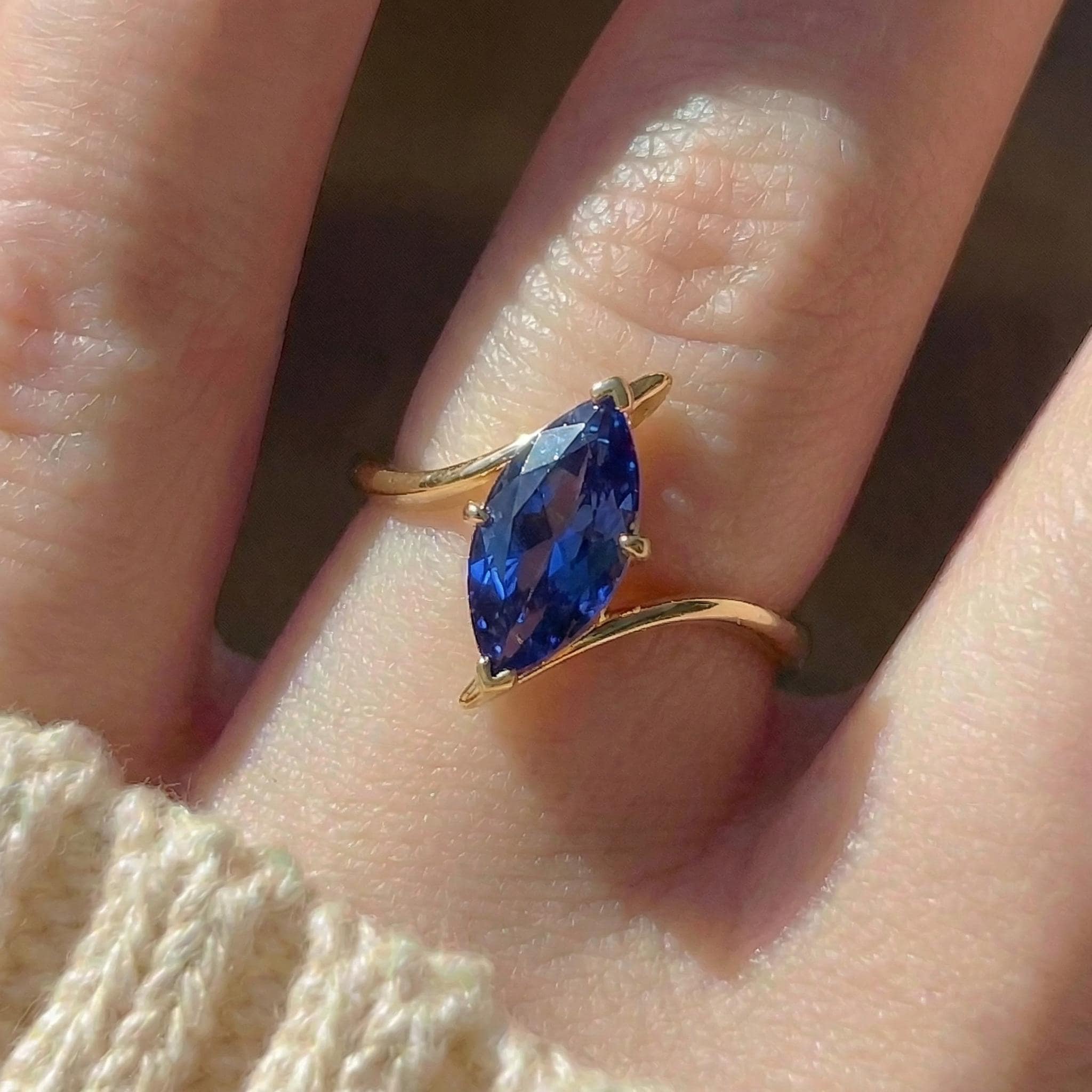 1.5ct Blue Sapphire Ring, Marquise Cut Emerald Solitaire, Curved Bypass Band, September Birthstone, 14K Gold Nature Inspired Ring