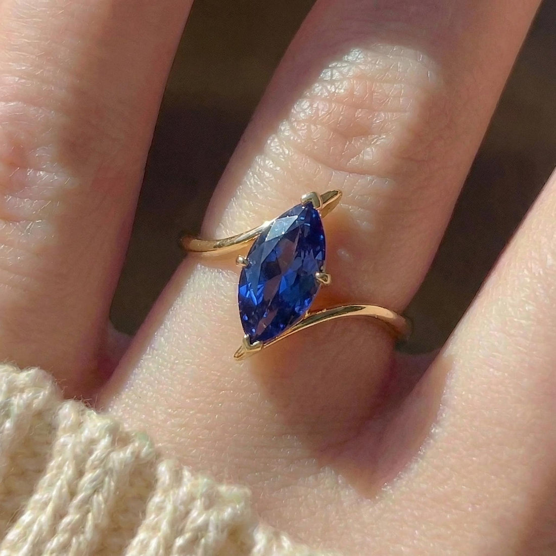 1.5ct Blue Sapphire Ring, Marquise Cut Emerald Solitaire, Curved Bypass Band, September Birthstone, 14K Gold Nature Inspired Ring