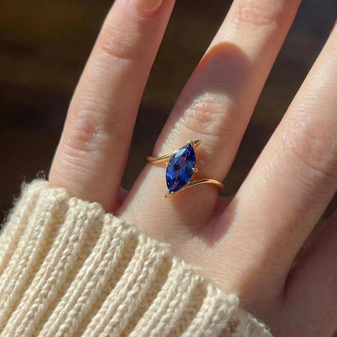 1.5ct Blue Sapphire Ring, Marquise Cut Emerald Solitaire, Curved Bypass Band, September Birthstone, 14K Gold Nature Inspired Ring