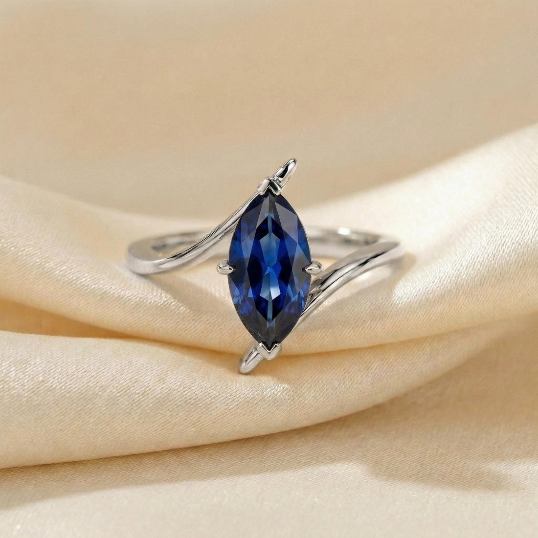 1.5ct Blue Sapphire Ring, Marquise Cut Emerald Solitaire, Curved Bypass Band, September Birthstone, 14K Gold Nature Inspired Ring
