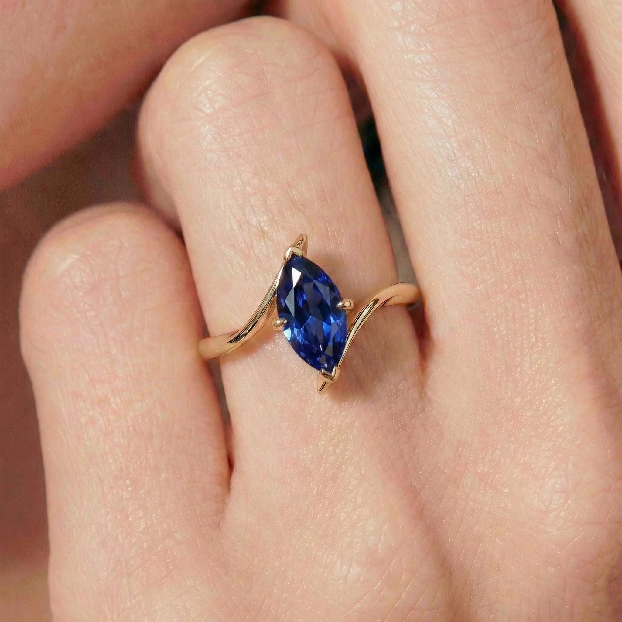 1.5ct Blue Sapphire Ring, Marquise Cut Emerald Solitaire, Curved Bypass Band, September Birthstone, 14K Gold Nature Inspired Ring