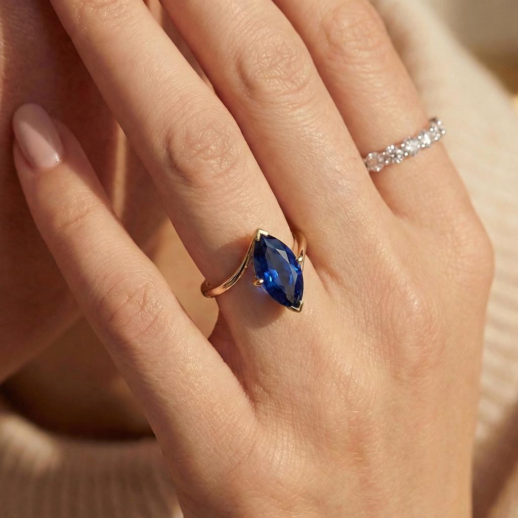 1.5ct Blue Sapphire Ring, Marquise Cut Emerald Solitaire, Curved Bypass Band, September Birthstone, 14K Gold Nature Inspired Ring