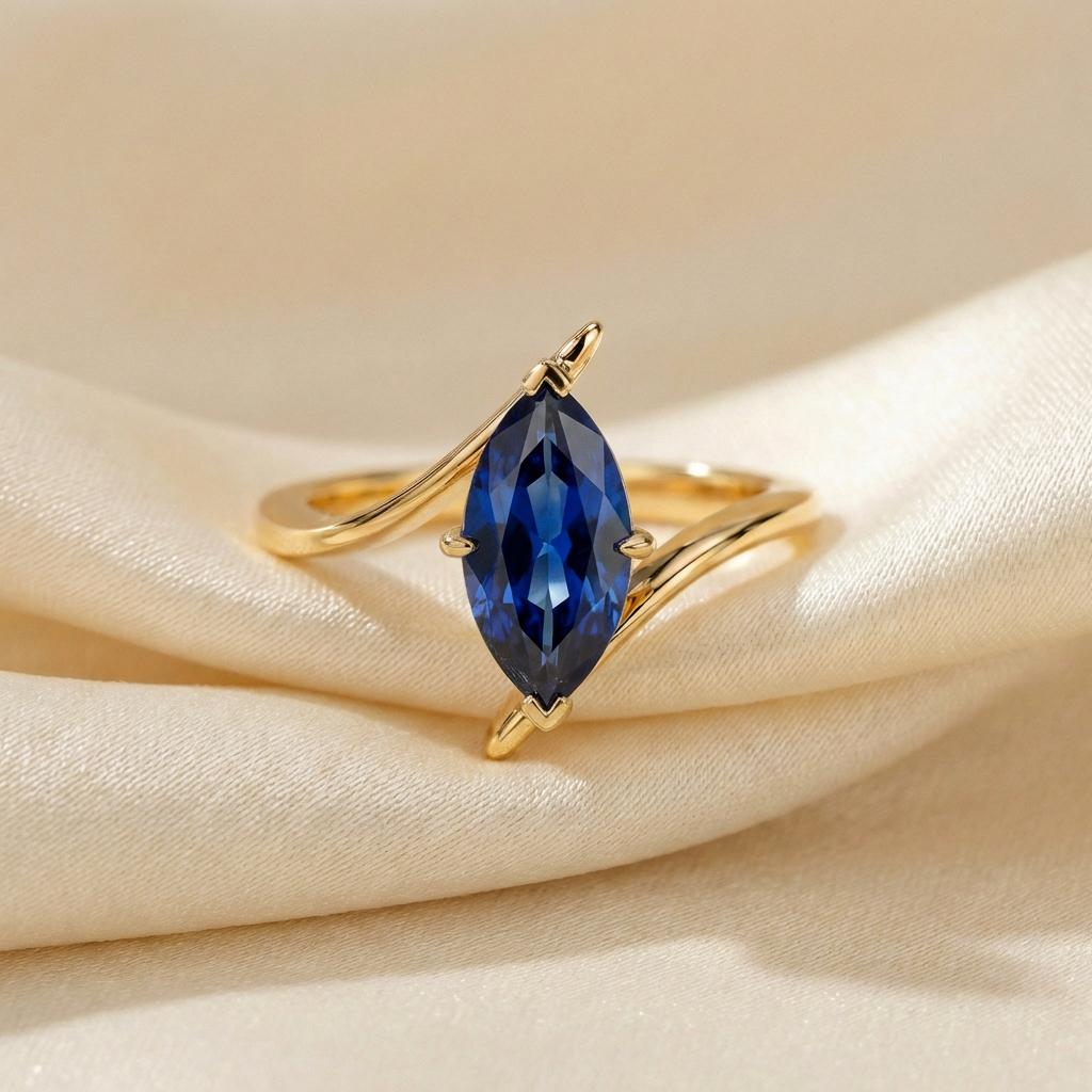 1.5ct Blue Sapphire Ring, Marquise Cut Emerald Solitaire, Curved Bypass Band, September Birthstone, 14K Gold Nature Inspired Ring
