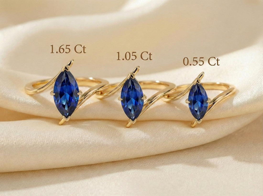 1.5ct Blue Sapphire Ring, Marquise Cut Emerald Solitaire, Curved Bypass Band, September Birthstone, 14K Gold Nature Inspired Ring