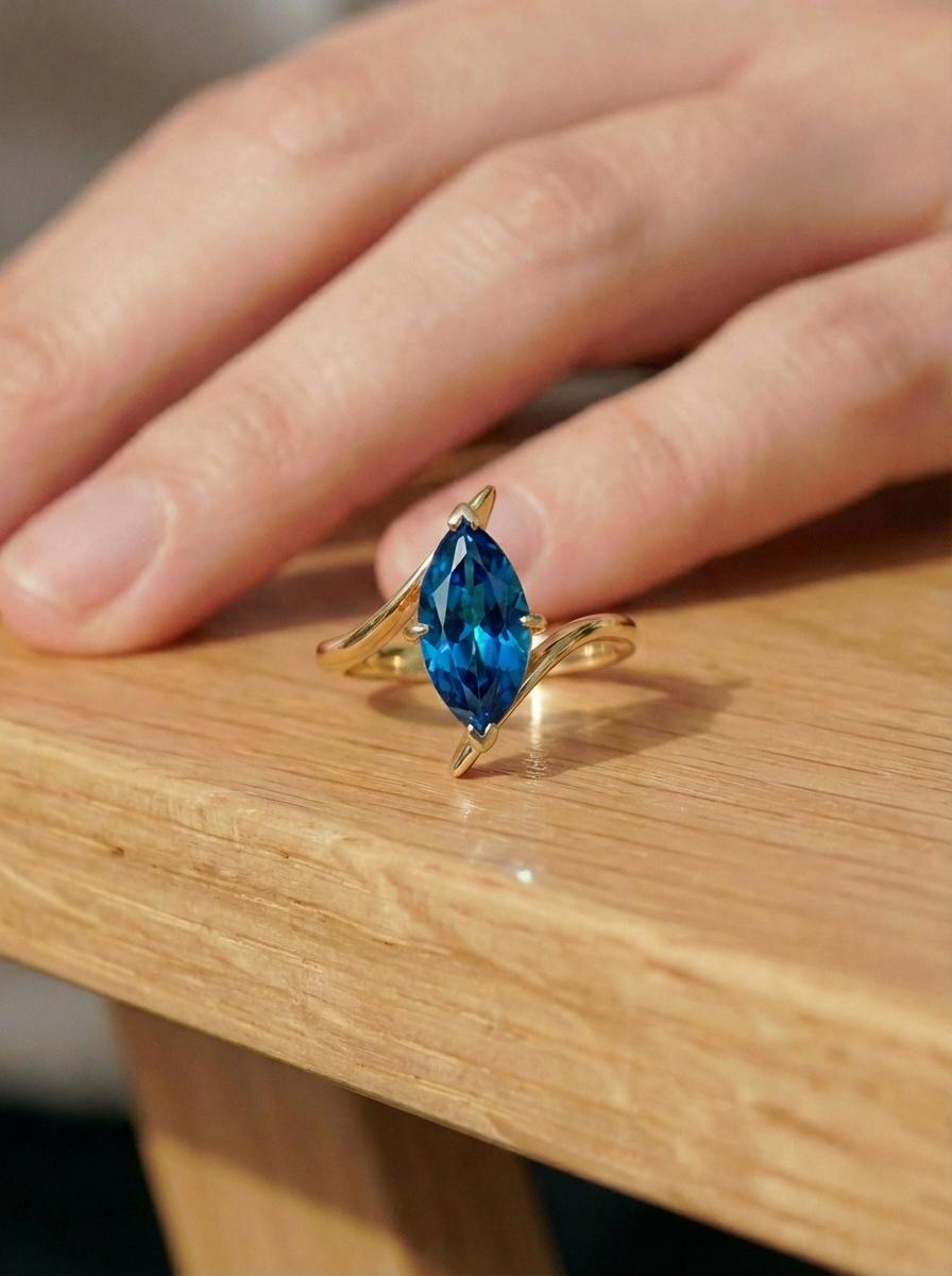 1.5ct Blue Sapphire Ring, Marquise Cut Emerald Solitaire, Curved Bypass Band, September Birthstone, 14K Gold Nature Inspired Ring