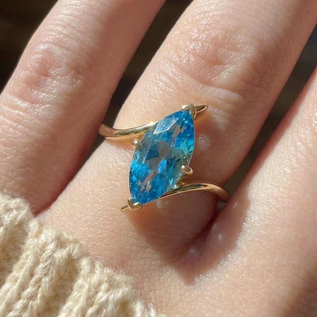 1.5ct Marquise Blue Zircon Ring, December Birthstone Engagement Ring, 14K Gold Curved Bypass Nature Inspired Ring