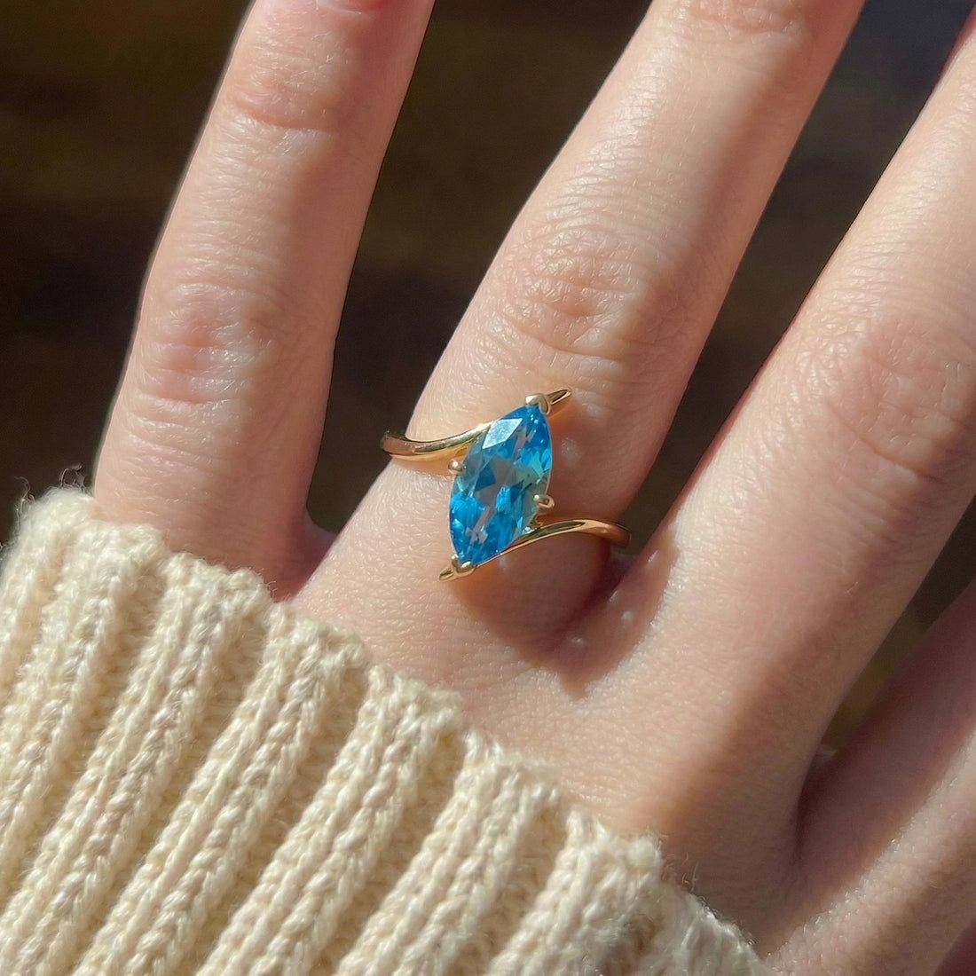 1.5ct Marquise Blue Zircon Ring, December Birthstone Engagement Ring, 14K Gold Curved Bypass Nature Inspired Ring