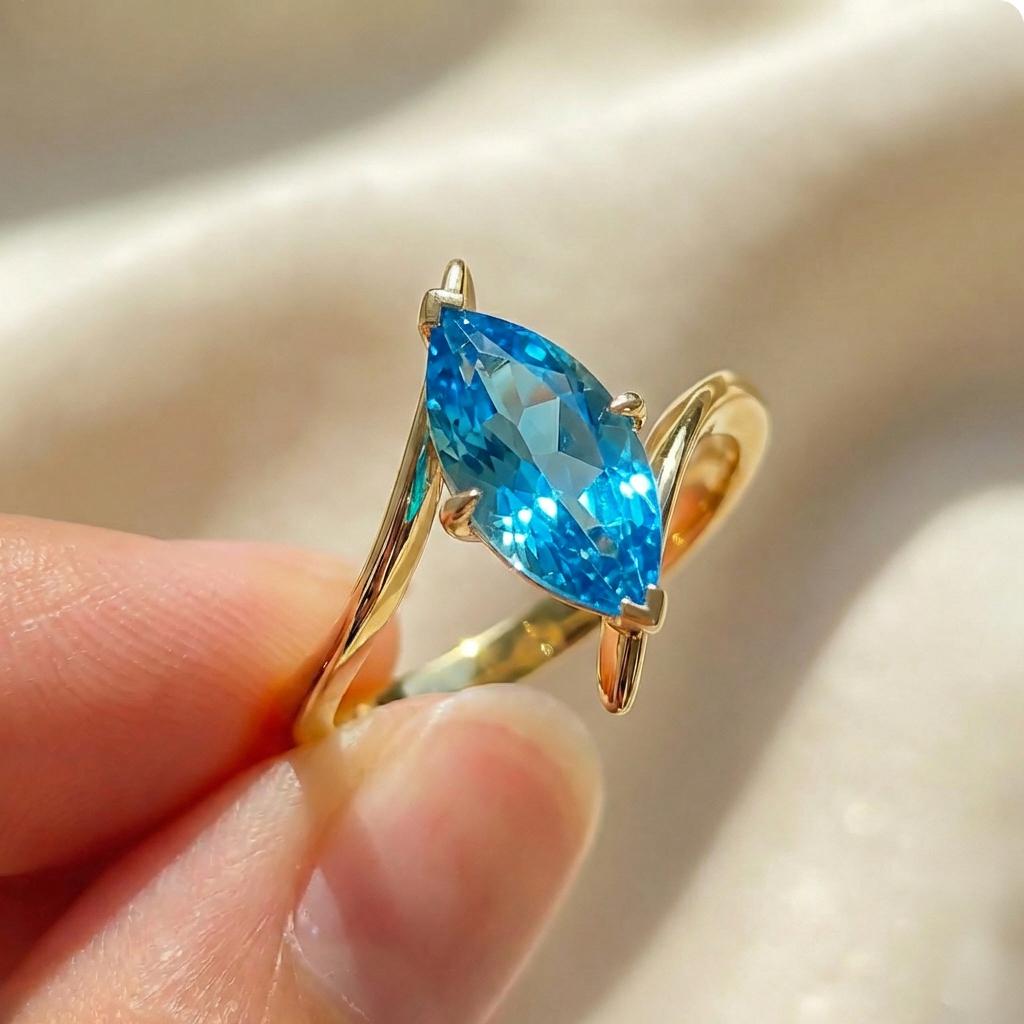 1.5ct Marquise Blue Zircon Ring, December Birthstone Engagement Ring, 14K Gold Curved Bypass Nature Inspired Ring