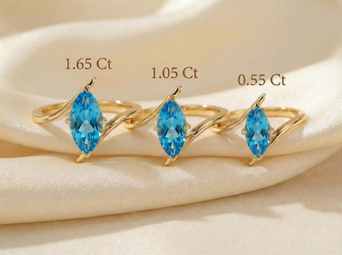1.5ct Marquise Blue Zircon Ring, December Birthstone Engagement Ring, 14K Gold Curved Bypass Nature Inspired Ring