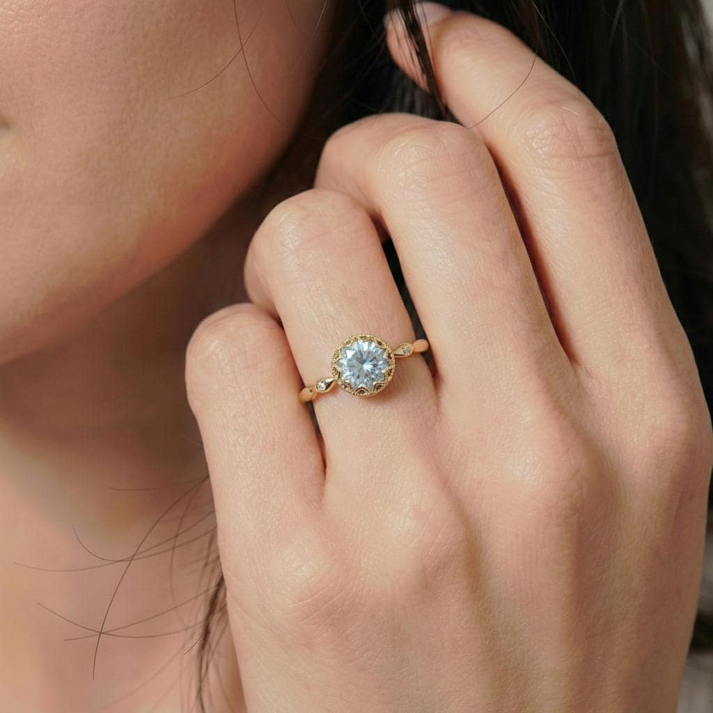 1ct - 2ct Aquamarine Solid Gold Ring, Vintage Round Cut Aquamarine Ring, Antique Wedding Women's Ring, Art Deco Engagement Ring