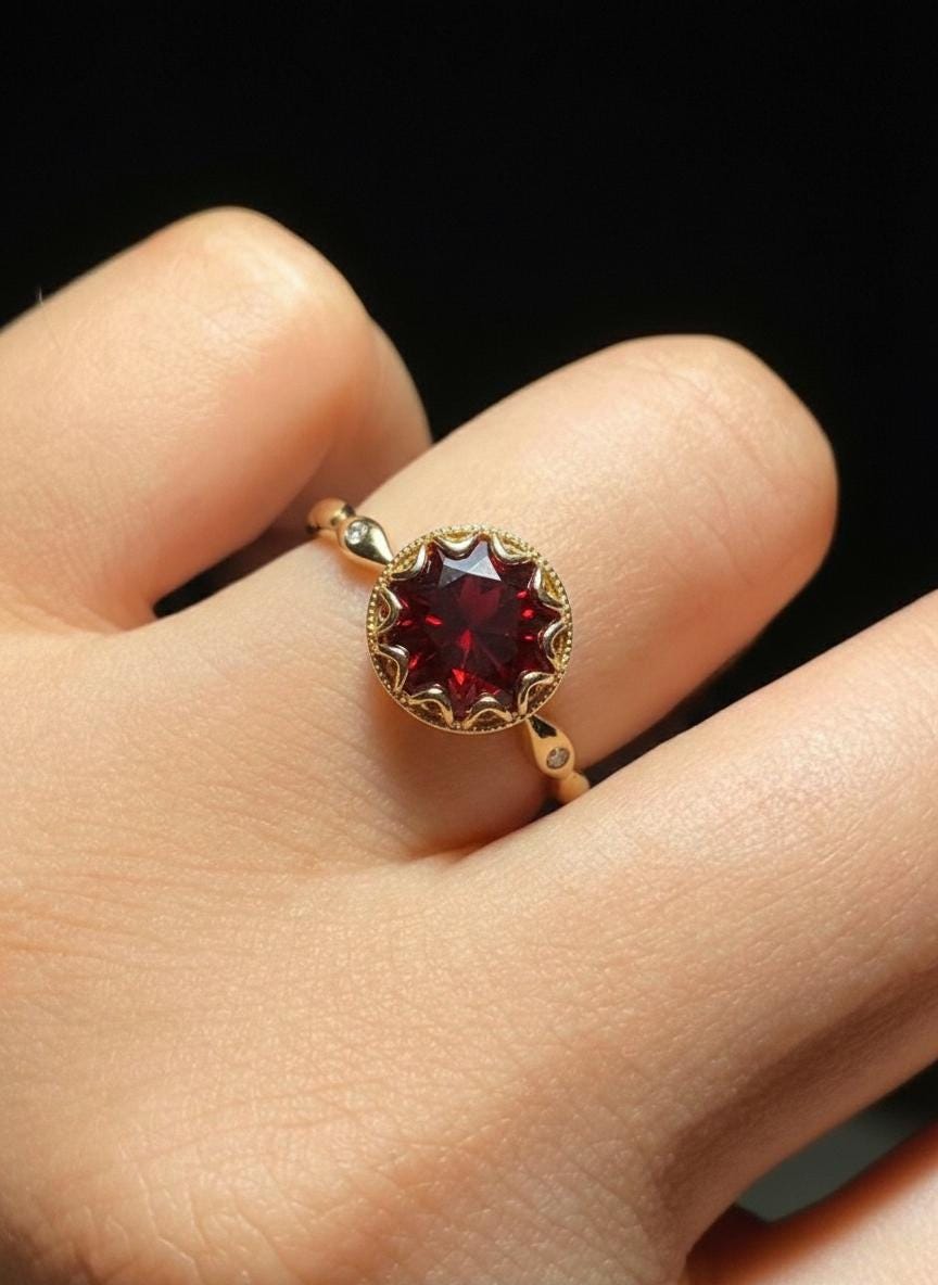 Garnet Ring, Vintage Round Cut Garnet Ring, Rose Gold Antique Wedding Women's Ring, Art Deco Engagement Ring, January Birthstone Ring