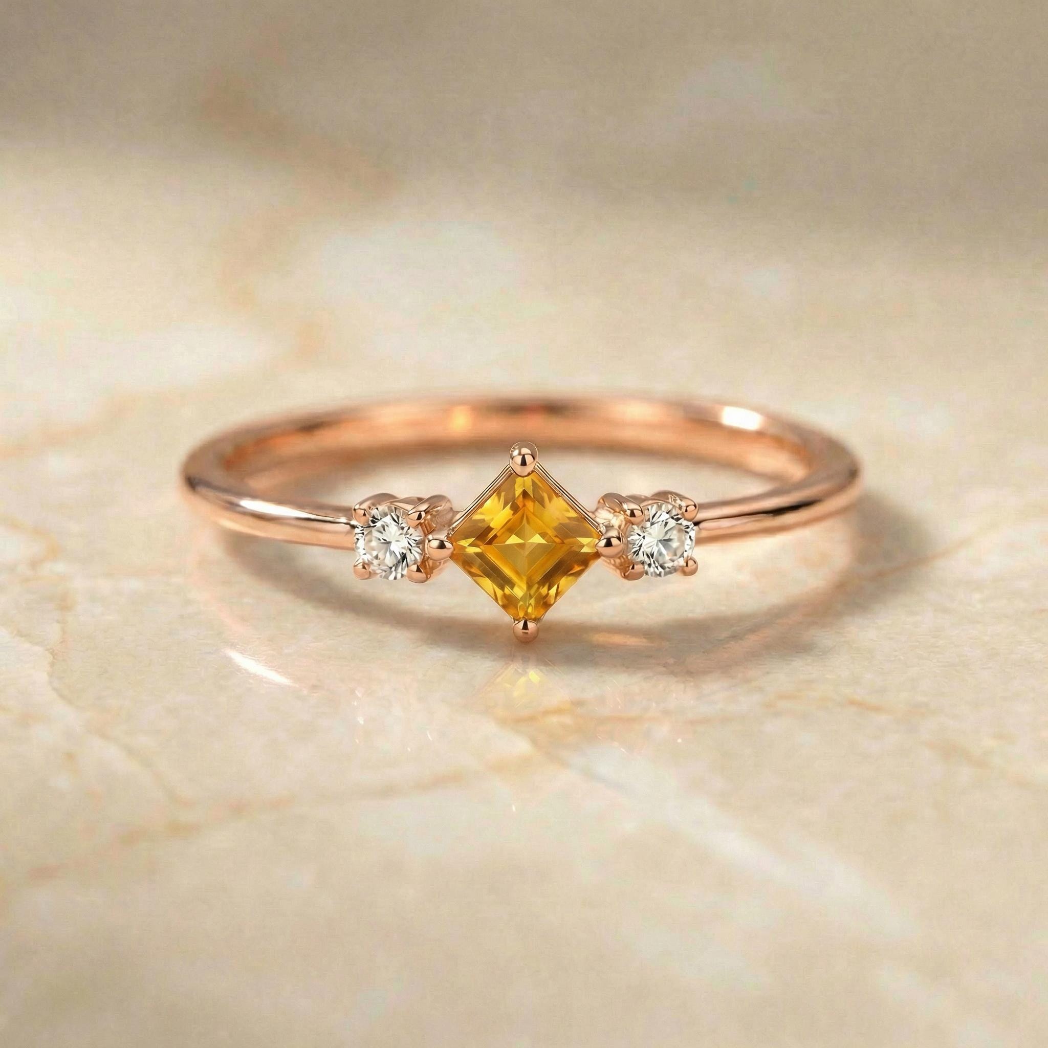 Citrine Wedding Band Ring Birthday Gift For Her November Birthstone Dainty Gold Promise Ring Minimalist Jewelry