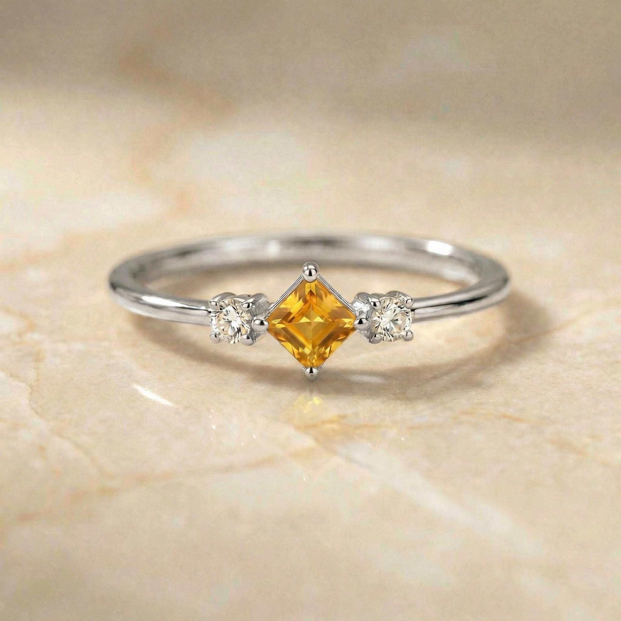 Citrine Wedding Band Ring Birthday Gift For Her November Birthstone Dainty Gold Promise Ring Minimalist Jewelry