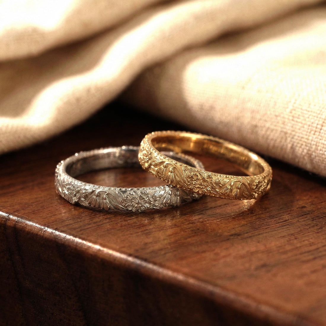 Carnation & Snowdrop Floral Wedding Band, Unique Flower 10K/14K/18K Plain Gold Antique Ring, January Birth Flower Band
