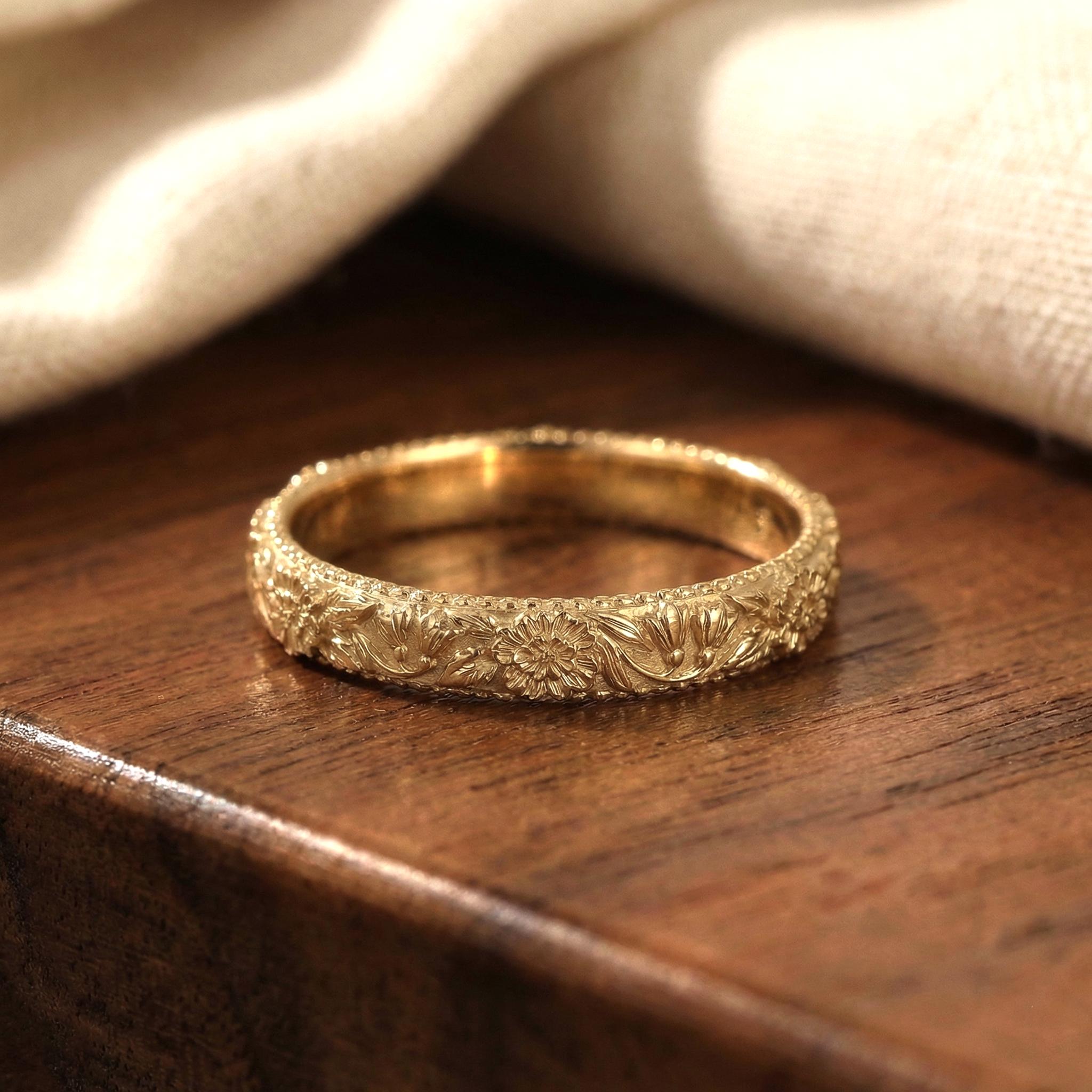 Carnation & Snowdrop Floral Wedding Band, Unique Flower 10K/14K/18K Plain Gold Antique Ring, January Birth Flower Band