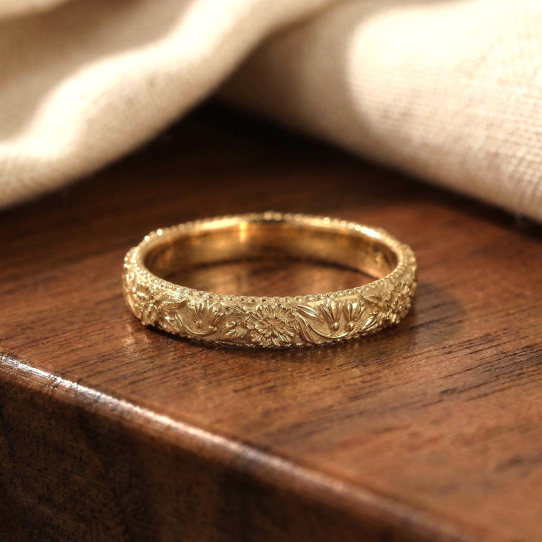 Carnation & Snowdrop Floral Wedding Band, Unique Flower 10K/14K/18K Plain Gold Antique Ring, January Birth Flower Band