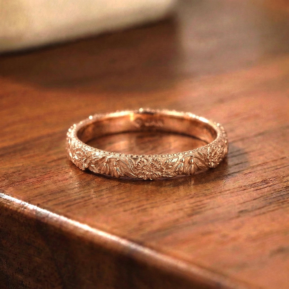 Carnation & Snowdrop Floral Wedding Band, Unique Flower 10K/14K/18K Plain Gold Antique Ring, January Birth Flower Band