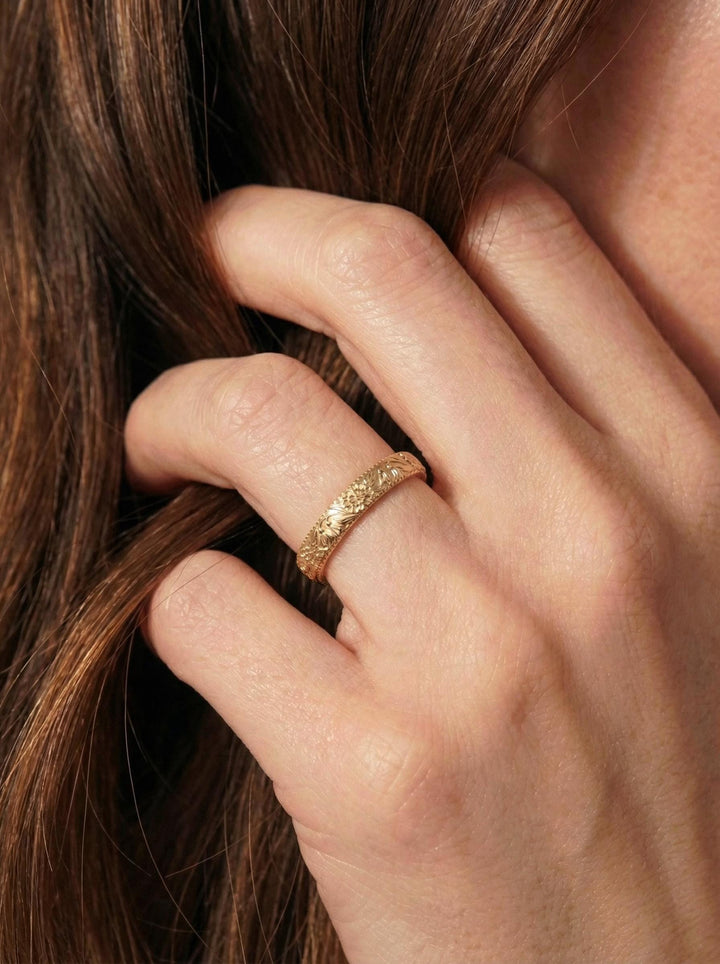 Carnation & Snowdrop Floral Wedding Band, Unique Flower 10K/14K/18K Plain Gold Antique Ring, January Birth Flower Band