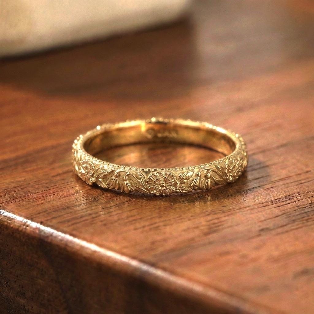 Carnation & Snowdrop Floral Wedding Band, Unique Flower 10K/14K/18K Plain Gold Antique Ring, January Birth Flower Band