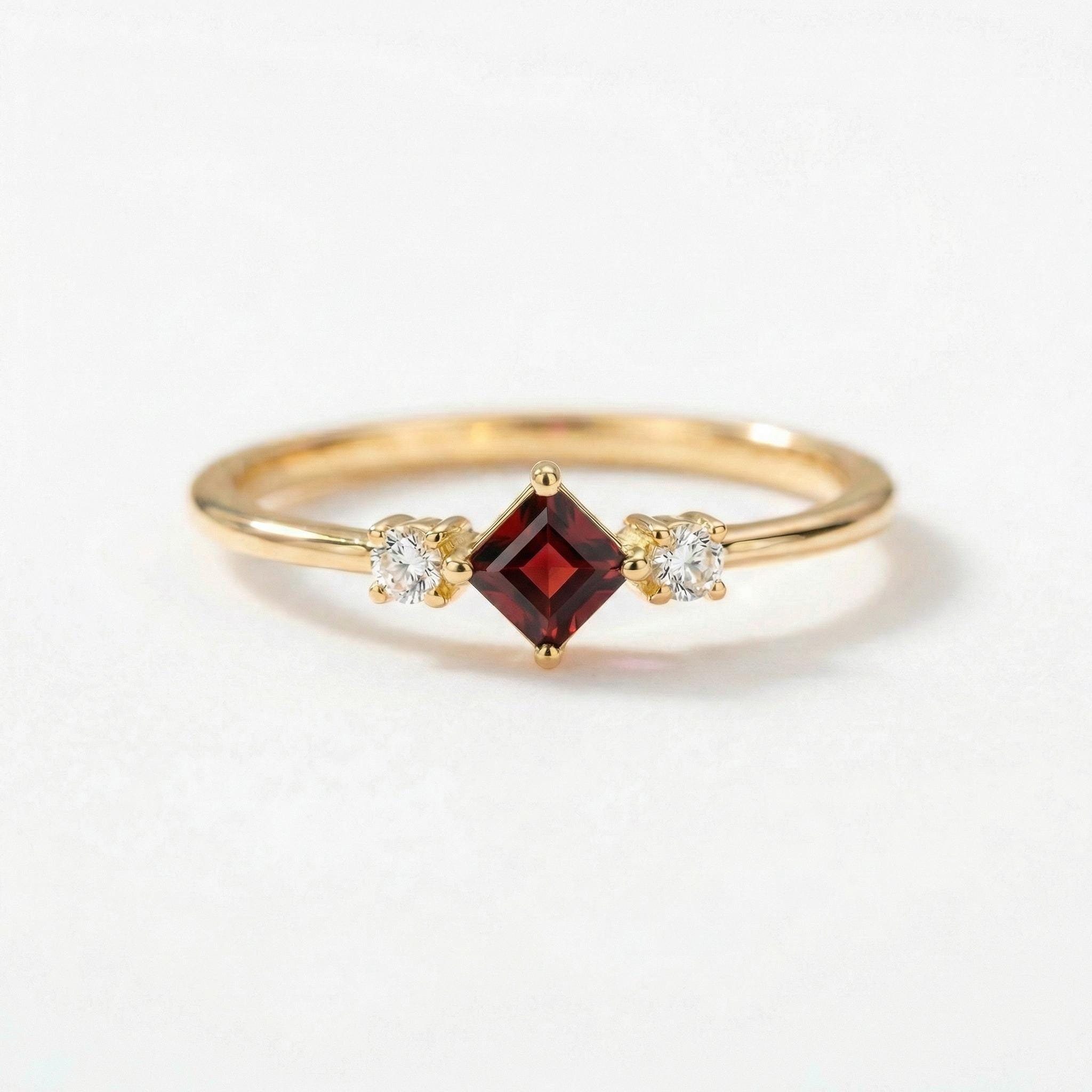 Garnet Promise Ring, January Birthstone Jewelry, Kite Cut Engagement Ring, Minimalist Three Stone Band, Dainty Gold Ring