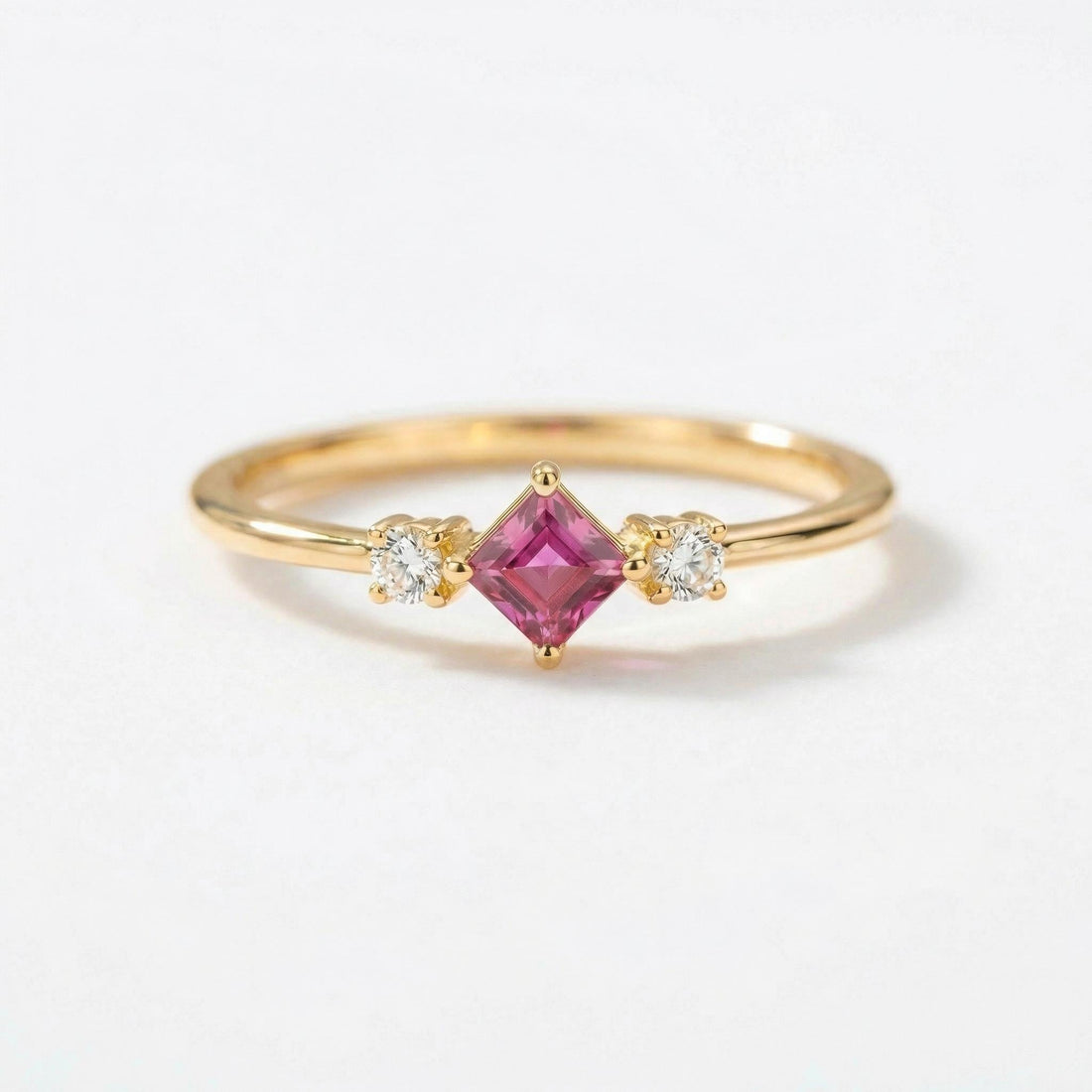 Princess Cut Pink Sapphire Engagement Ring, Three Stone Promise Ring, Dainty Art Deco Ring, September Birthstone Jewelry for Her