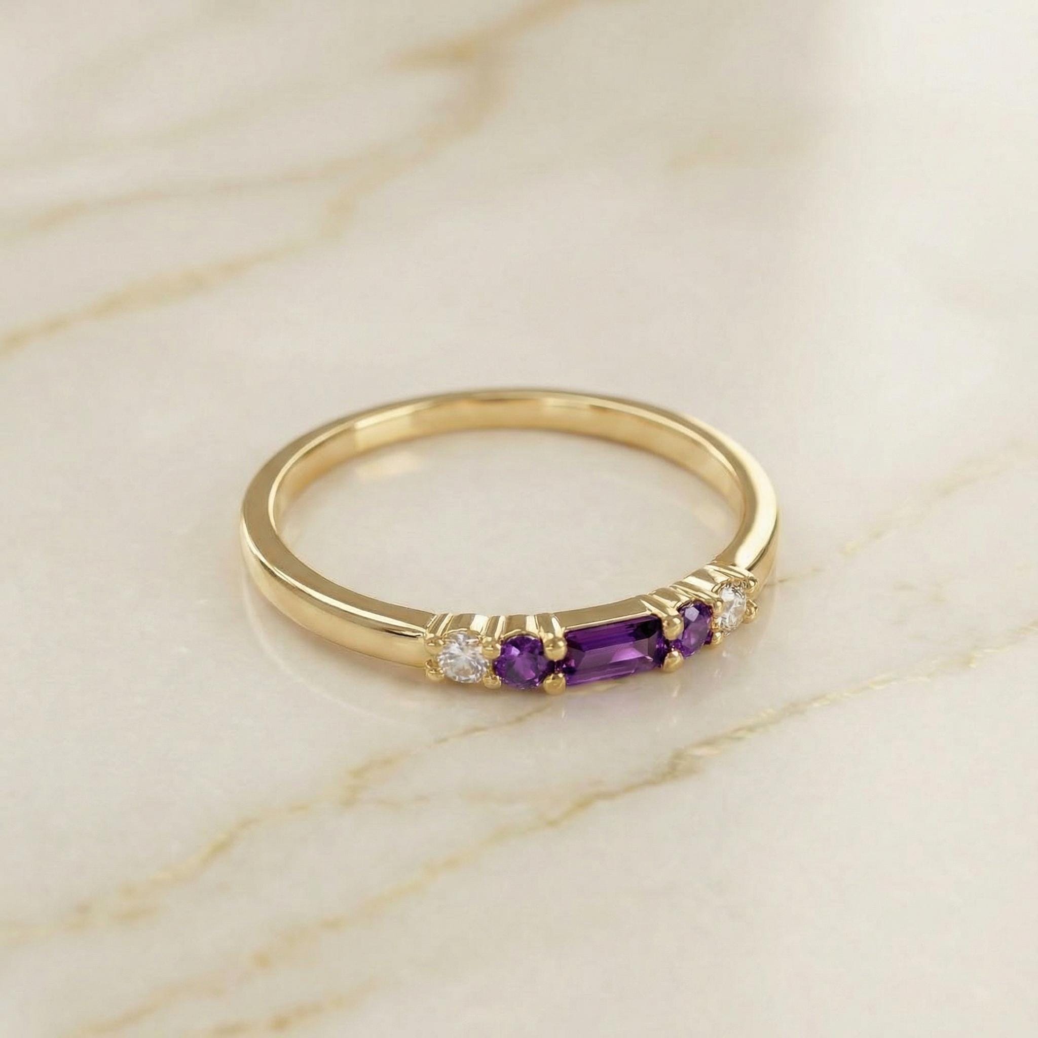 February Birthstone Amethyst Ring Dainty Gold Baguette Wedding Band Minimalist Birthday Gift Simple Stacking Promise Ring