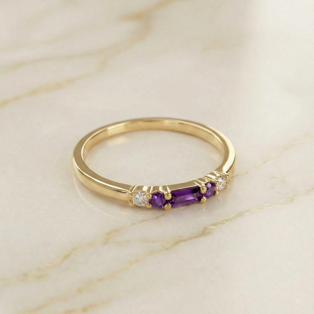February Birthstone Amethyst Ring Dainty Gold Baguette Wedding Band Minimalist Birthday Gift Simple Stacking Promise Ring