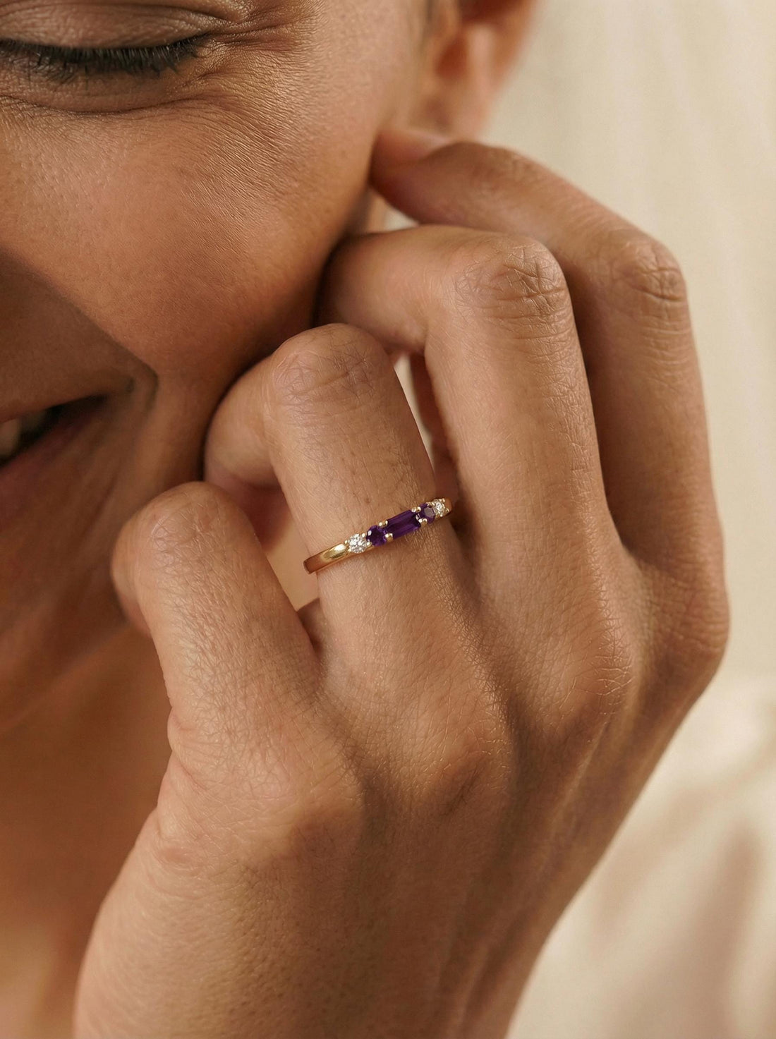 February Birthstone Amethyst Ring Dainty Gold Baguette Wedding Band Minimalist Birthday Gift Simple Stacking Promise Ring