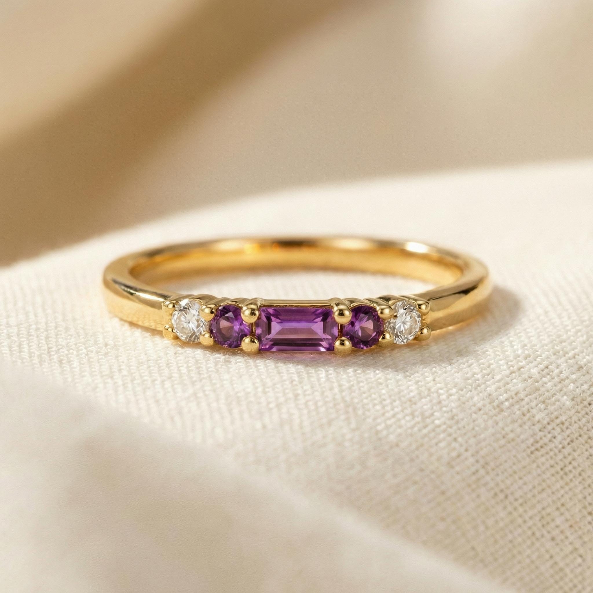 February Birthstone Amethyst Ring Dainty Gold Baguette Wedding Band Minimalist Birthday Gift Simple Stacking Promise Ring