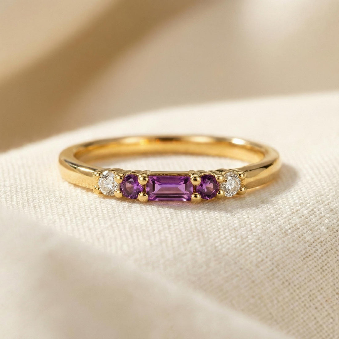 February Birthstone Amethyst Ring Dainty Gold Baguette Wedding Band Minimalist Birthday Gift Simple Stacking Promise Ring
