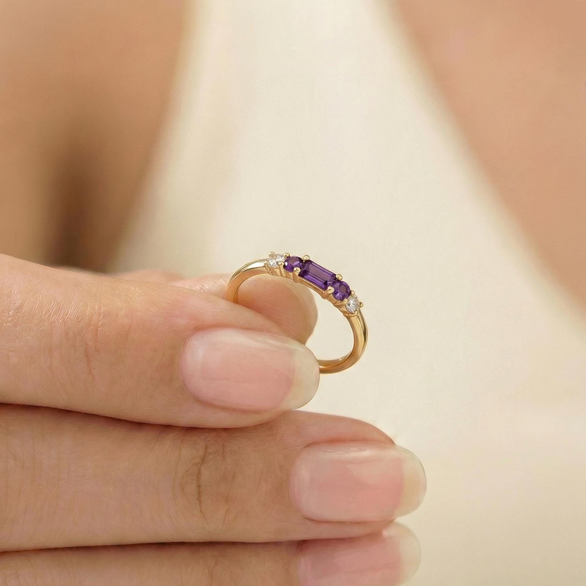 February Birthstone Amethyst Ring Dainty Gold Baguette Wedding Band Minimalist Birthday Gift Simple Stacking Promise Ring