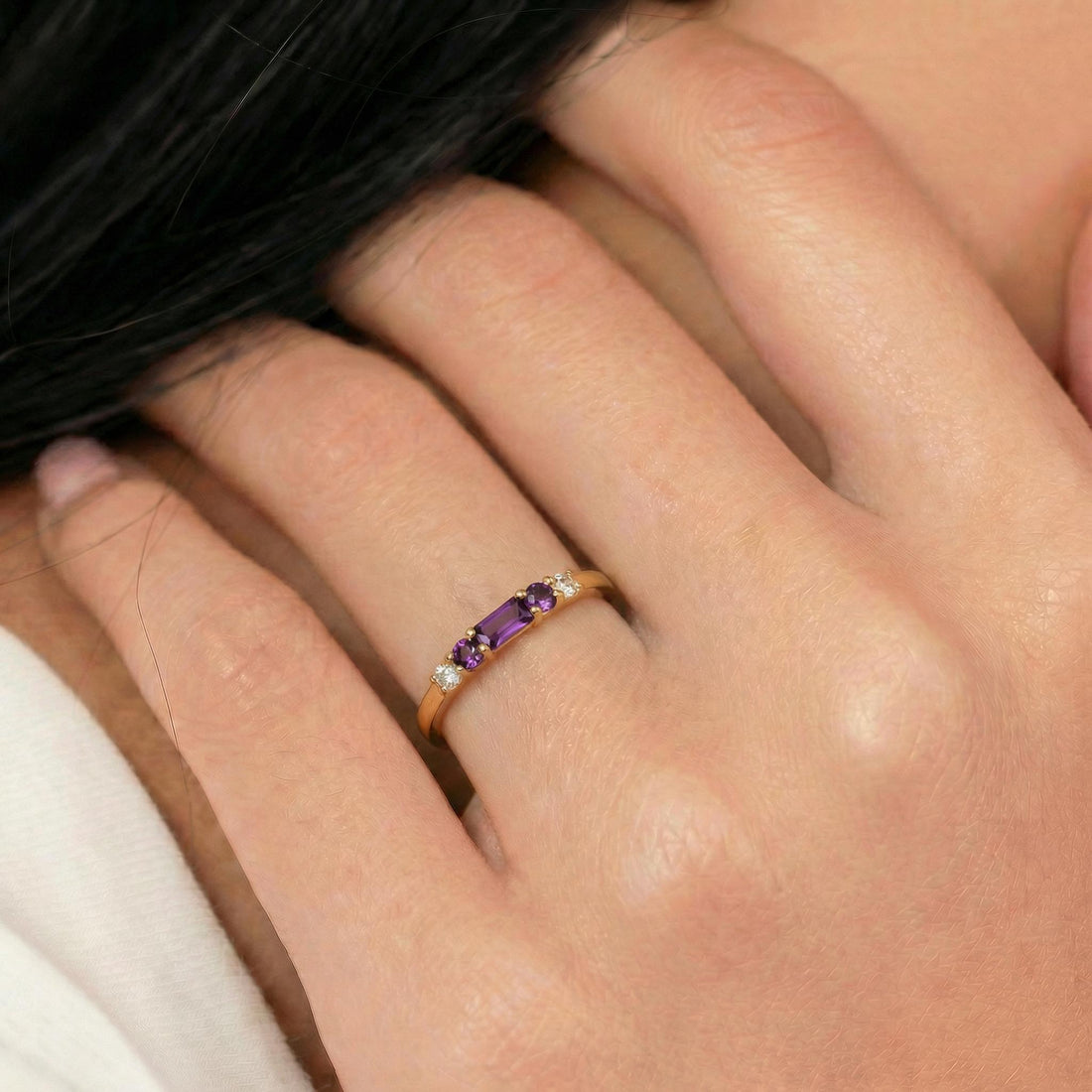 February Birthstone Amethyst Ring Dainty Gold Baguette Wedding Band Minimalist Birthday Gift Simple Stacking Promise Ring