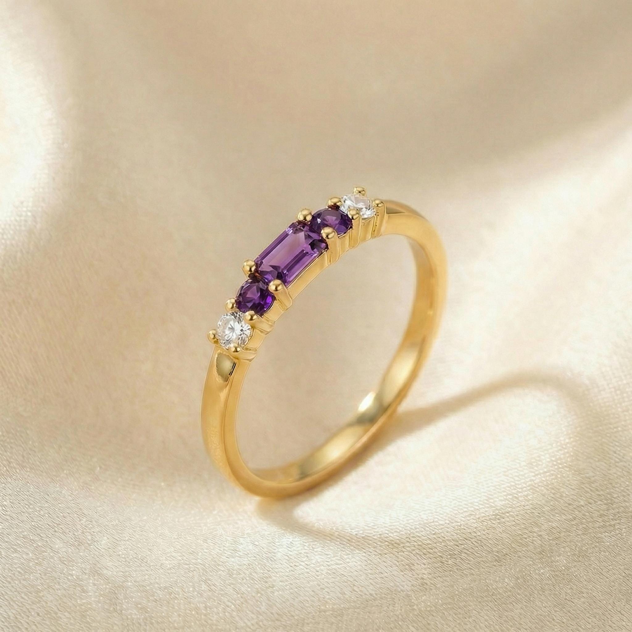 February Birthstone Amethyst Ring Dainty Gold Baguette Wedding Band Minimalist Birthday Gift Simple Stacking Promise Ring